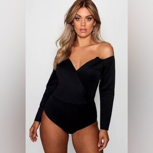 Boohoo Black Off Shoulder Bodysuit Long Sleeve Going Out Size 18